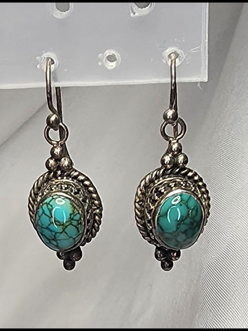 Turquoise Stone Drop Earrings Set In Sterling Silver
